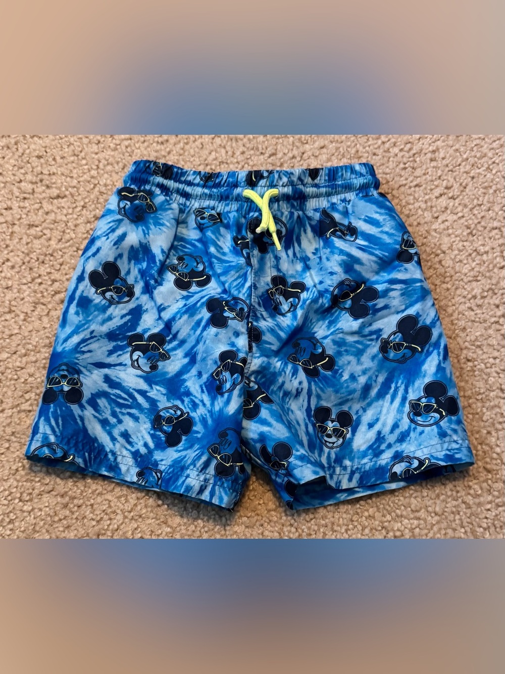 Kids Blue Tie-Dye Swim Trunks with Sunglasses Character Print
